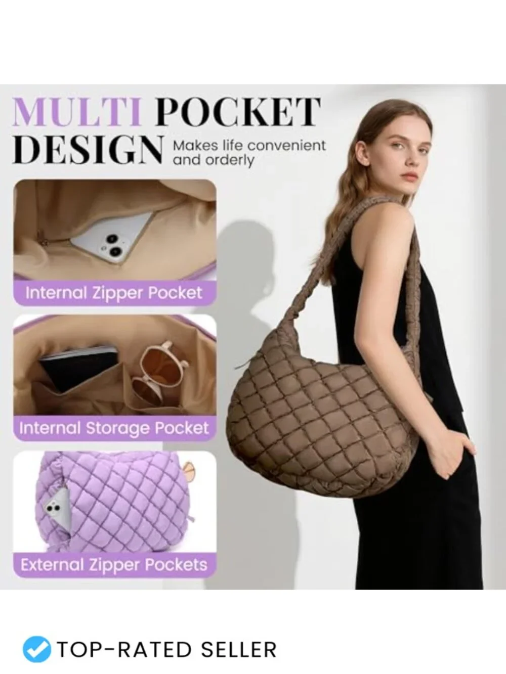 Large Quilted Puffer Tote Bag with Zipper, Nylon Waterproof Lightweight Carryall
